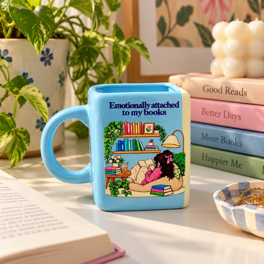 Emotionally Attached to Books- Blue Ceramic Book Mug- UV DTF Stickers