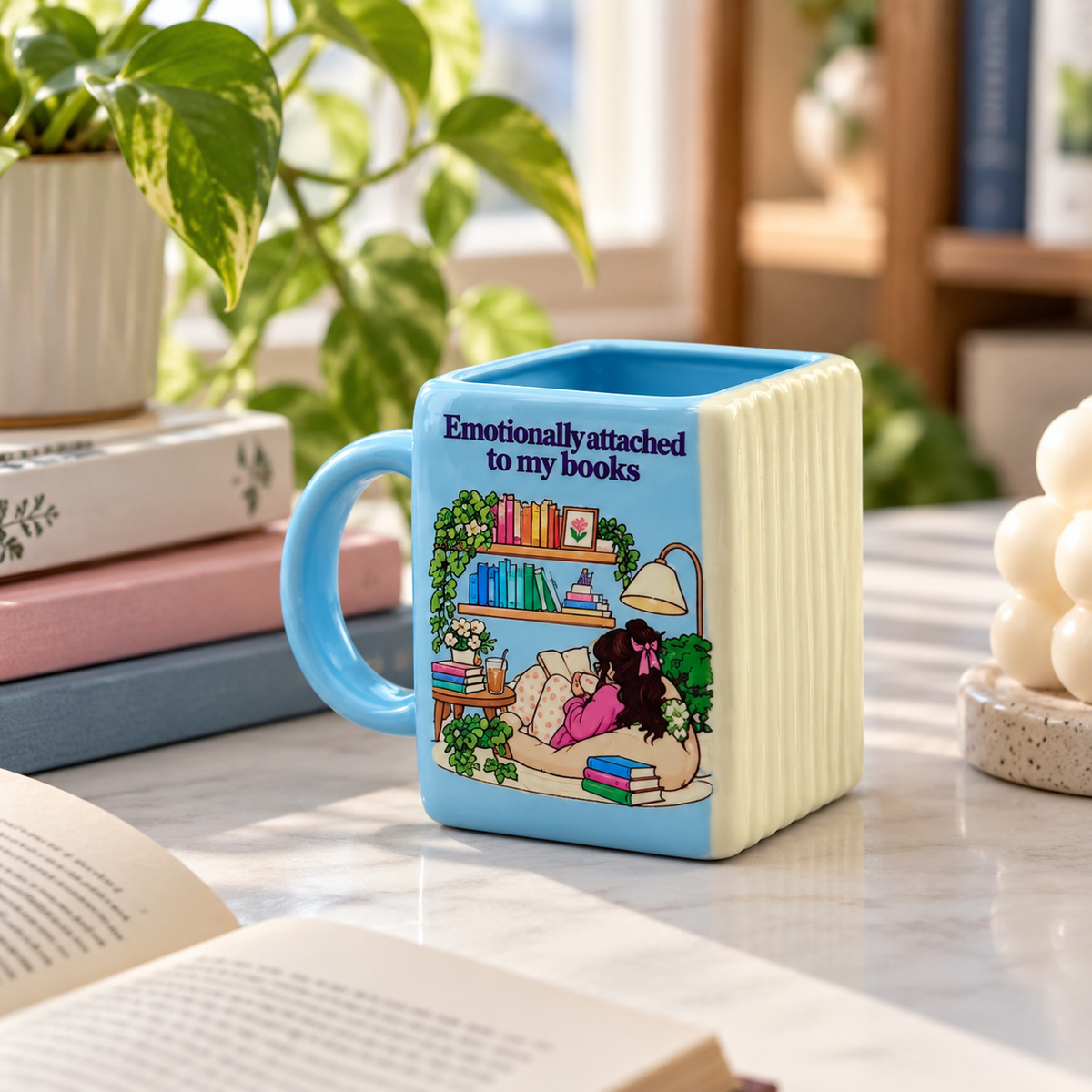 Emotionally Attached to Books- Green Ceramic Book Mug- UV DTF Stickers