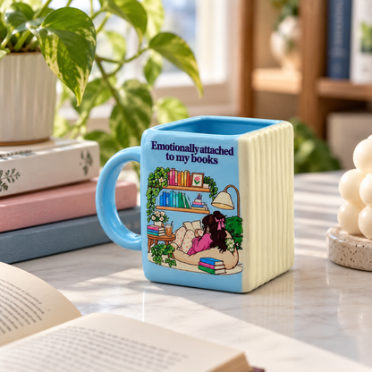 Emotionally Attached to Books- Green Ceramic Book Mug- UV DTF Stickers