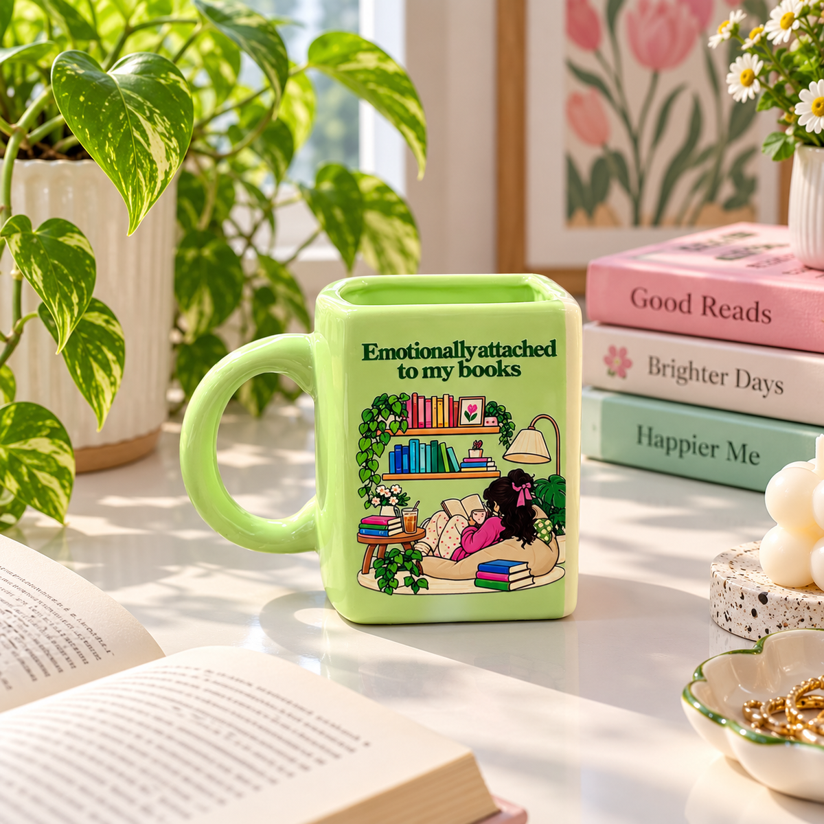 Emotionally Attached to Books- Green Ceramic Book Mug- UV DTF Stickers