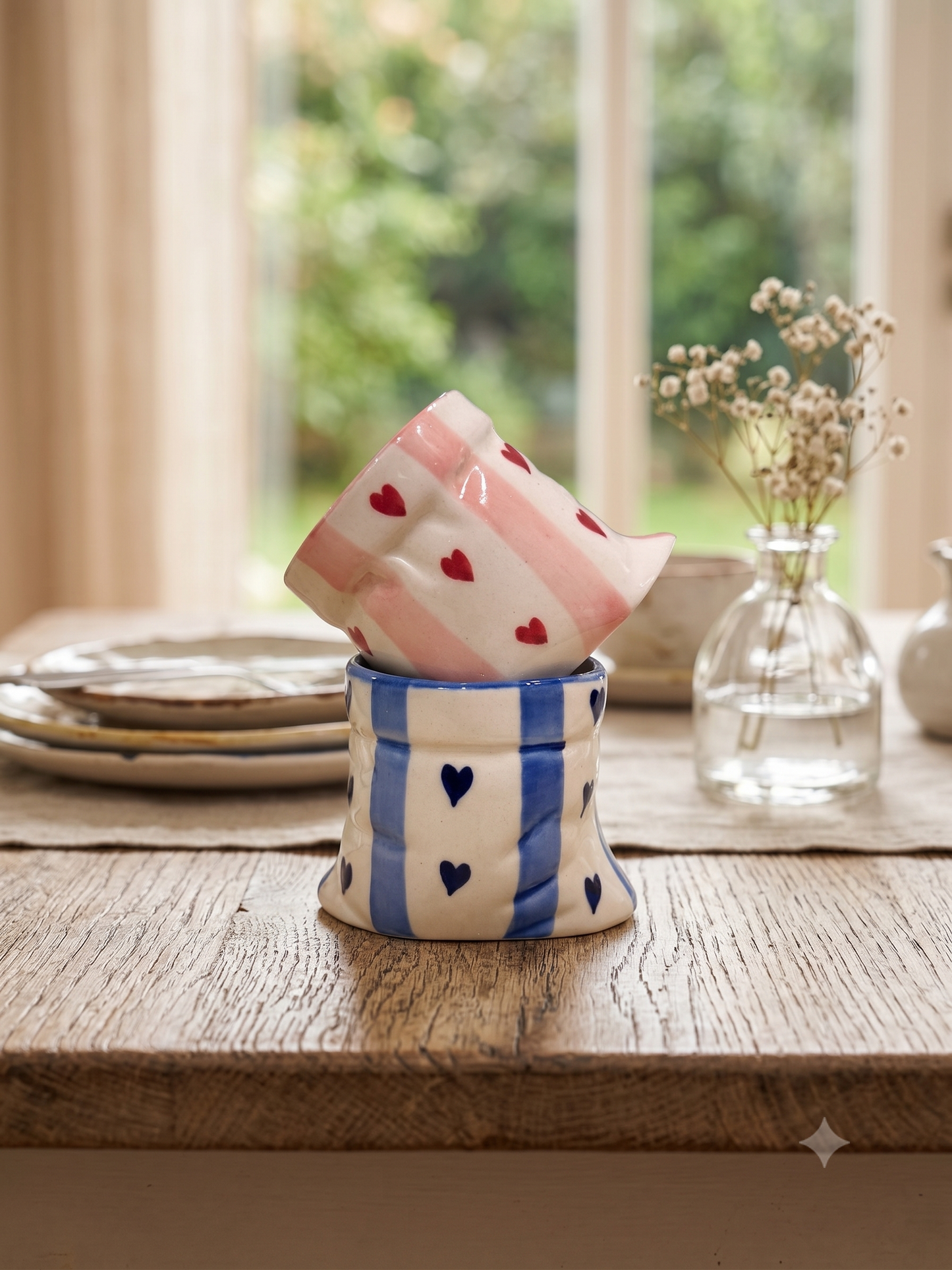 Pink stripes  & Blue Stripes with Heart Print Ceramic Pouch Mug