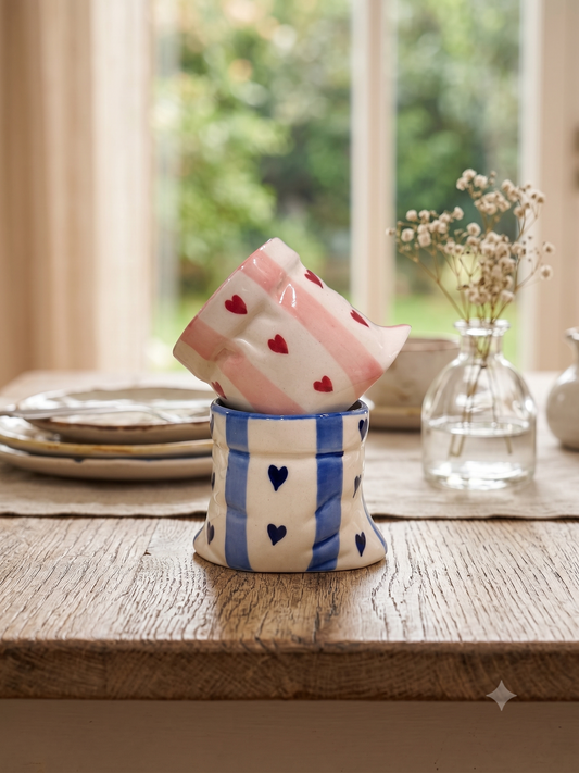 Pink stripes  & Blue Stripes with Heart Print Ceramic Pouch Mug