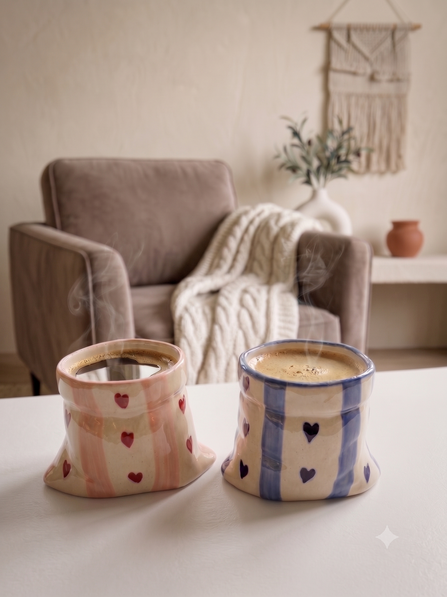 Pink stripes  & Blue Stripes with Heart Print Ceramic Pouch Mug