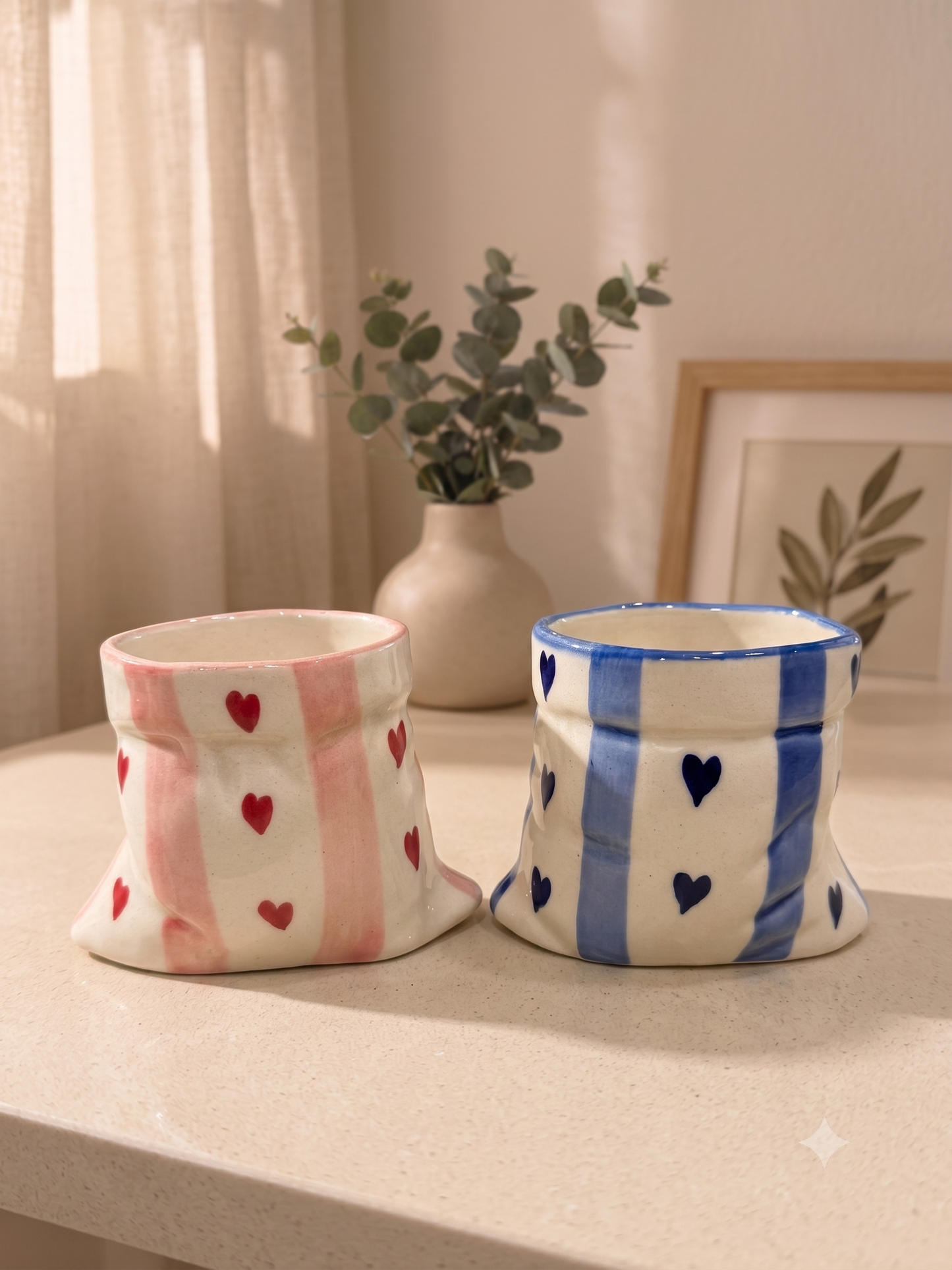 Pink stripes  & Blue Stripes with Heart Print Ceramic Pouch Mug