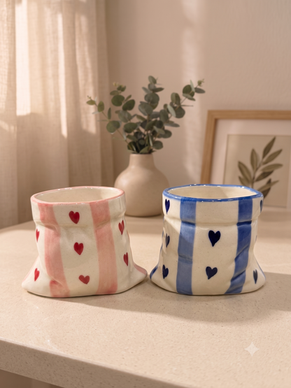 Pink stripes  & Blue Stripes with Heart Print Ceramic Pouch Mug