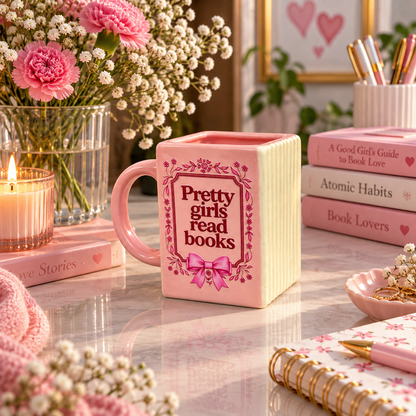 Pretty Girls Read Books- Pink Ceramic Book Mug- UV DTF Stickers