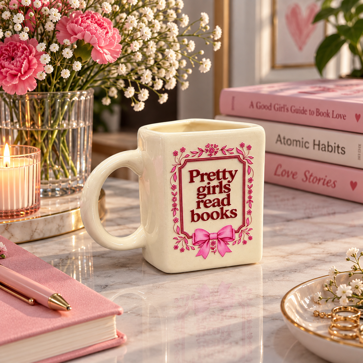 Pretty Girls Read Books- White Ceramic Book Mug- UV DTF Stickers