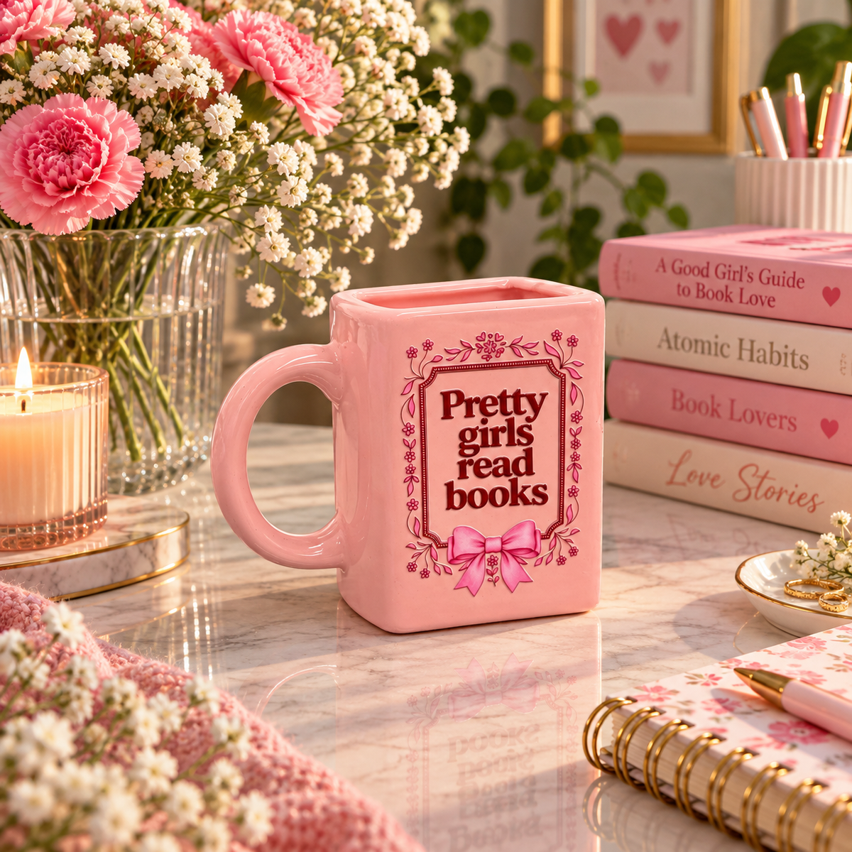 Pretty Girls Read Books- Pink Ceramic Book Mug- UV DTF Stickers