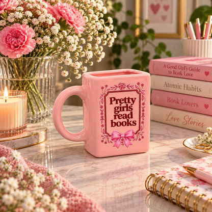 Pretty Girls Read Books- Pink Ceramic Book Mug- UV DTF Stickers