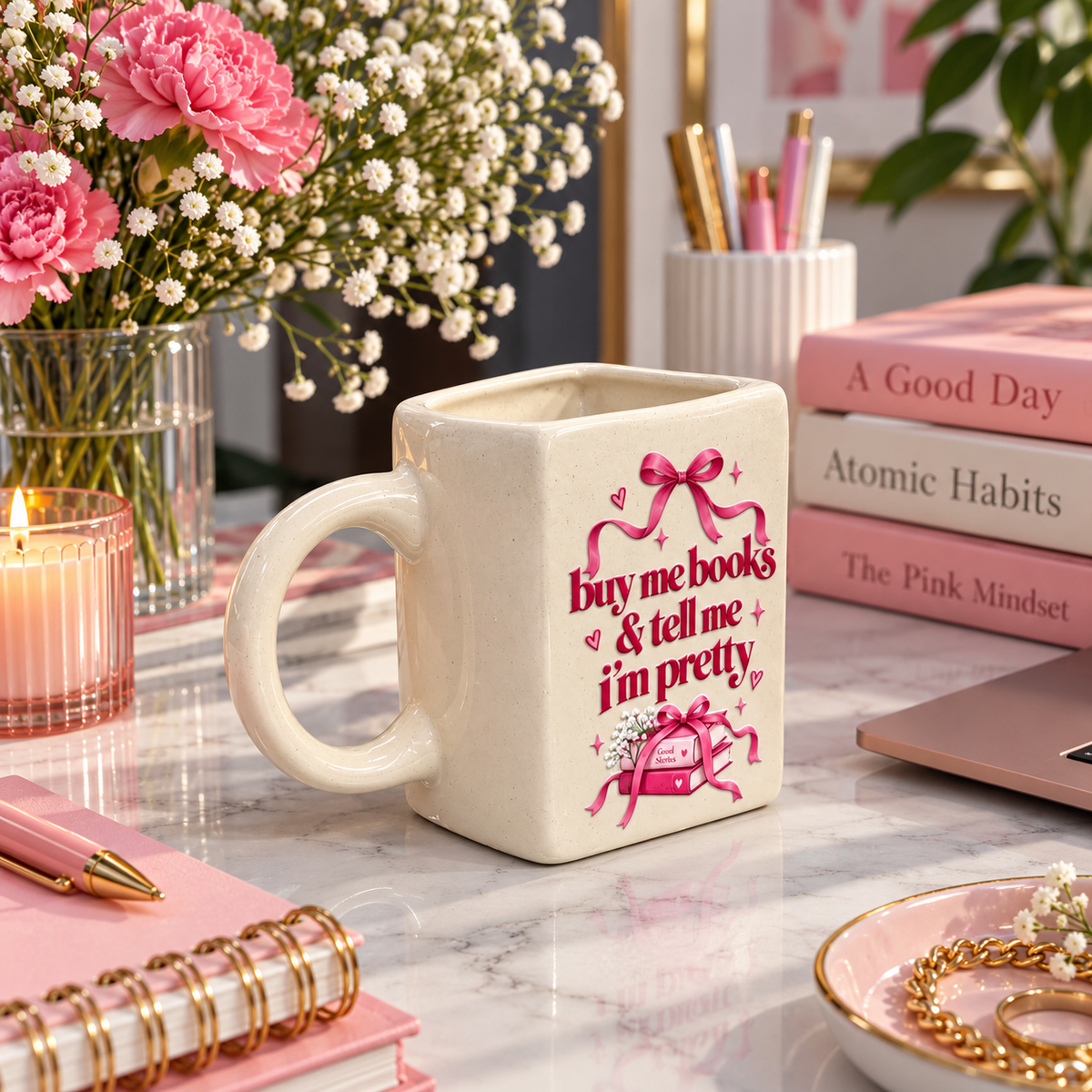Buy me Books & Tell me I'm Pretty- Ceramic Book Mug- UV DTF Stickers