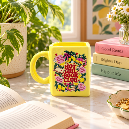 Hot Girl Book Club- Yellow Ceramic Book Mug- UV DTF Stickers